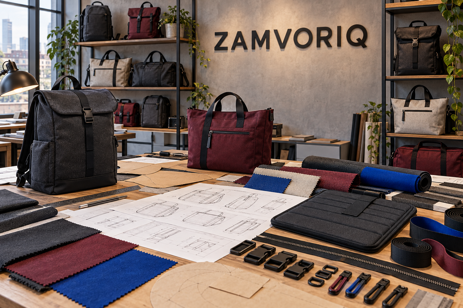 Zamvoriq urban bag studio with backpack prototypes, fabric swatches, hardware and technical sketches